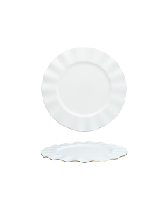 GRETA 10.8 INCH DINNER PLATE WAVY SCALLOPED GOLD RIM WHITE BONE CHINA BOHO CHIC SPECIAL EVENT WEDDING PARTY RENTALS IN RICHMOND VA