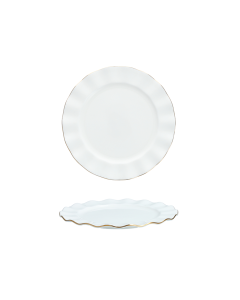 GRETA 8 INCH SALAD PLATE WAVY SCALLOPED GOLD RIM WHITE BONE CHINA BOHO CHIC SPECIAL EVENT WEDDING PARTY RENTALS IN RICHMOND VA