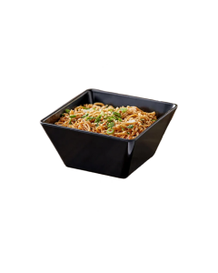 Durable 1.5 quart black melamine square bowl for catering, buffet service, restaurants, and event food displays.