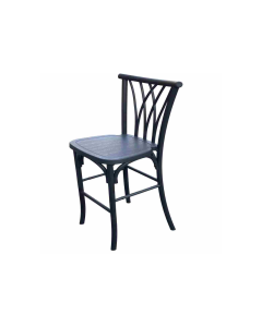 Black Willow barstool rental; black resin, steel-reinforced; arched Gothic back with intersecting lancet arches; padded cushion (black/white/ivory); elegant elevated seating for bars, cocktail tables, and high-top areas. Event seating for weddings, galas, fundraisers, and corporate receptions; indoor/outdoor durable bar stool; matches Black Willow Chair for cohesive décor.